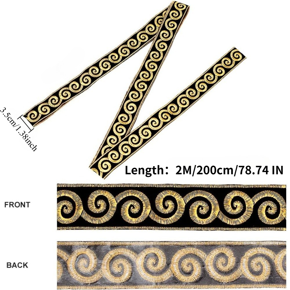Golden Thread Embroidery Trim with Vintage Scroll Pattern, 2 Meters
